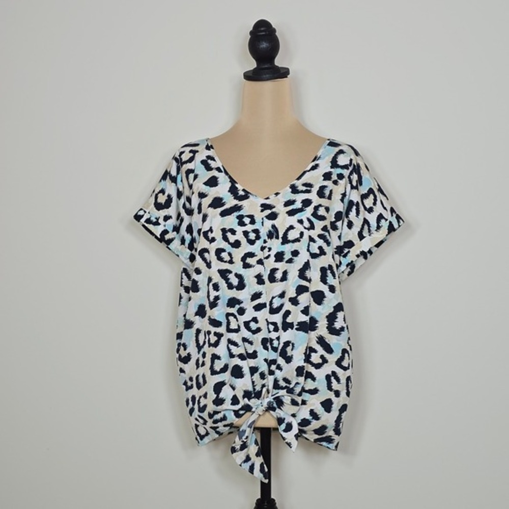 Juicy Couture Womens XL Leopard Print V-Neck Front Tie Short Sleeve Blouse Blue‎